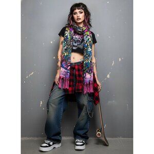 Vtg Y2K Ed Hardy Purple Pink Fringe Scarf | McBling Edgy Streetwear Indie Grunge